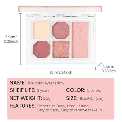 5-Color Eyeshadow Palette Matte Shimmer Duochrome, Low Saturation Velvety Blend, Day to Night Smokey Makeup, Hypoallergenic Long-Lasting Eyeshadow (#1, 1 Count (Pack of 1))