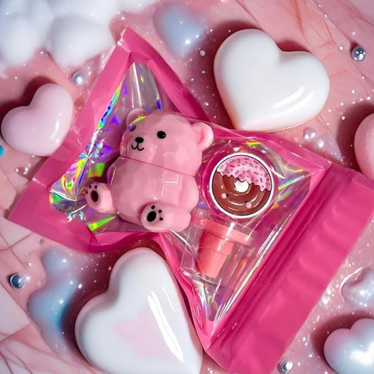 LOVELY Bear Lip Balm Set - Adorable Catoon Warm Change Lip Gloss & Lipblam Combo Long Lasting Nourishing Lip Glow Oil Non-sticky Primer Lip Tint(2pcs) (Light pink lip blam with Lollipop Lip Gloss, 1)