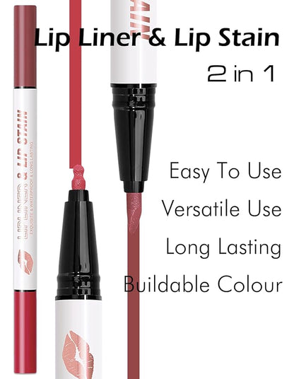 Double-headed Lip Liner Stain Long Lasting Waterproof 2 Colors Liquid Lip Liner Pencil Marker High Pigmented Smooth Application Precise Pen-Like & Chisel Tip Hydrating Lipstick for Women, 06