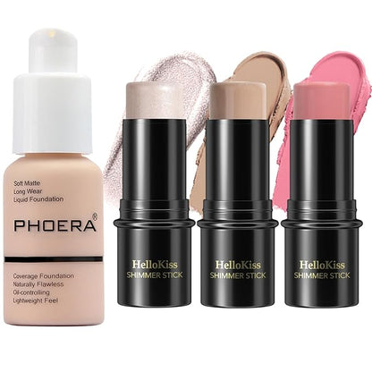 PHOERA Foundation,3 PCS Contour Stick Makeup Kit,Shades with Highlighter Stick,Blush Stick and Bronzer Contour,PHOERA Makeup Wrinkles Matte Natural Finish (101+ Fair Contour/Porcelain+#01,#08,#13)