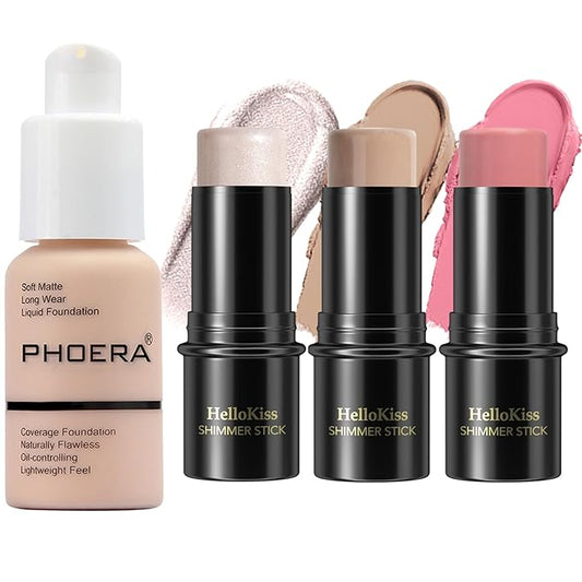 PHOERA Foundation,3 PCS Contour Stick Makeup Kit,Shades with Highlighter Stick,Blush Stick and Bronzer Contour,PHOERA Makeup Wrinkles Matte Natural Finish (101+ Fair Contour/Porcelain+#01,#08,#13)