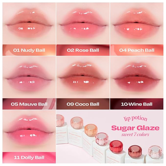 Lip Potion Sugar Glaze Tint | K-Beauty High-Shine & Long-Lasting Lip Tint | Hydrating, Non-Sticky Glossy Finish | 7 Shades | 0.3 Oz (No.1 Nudy Ball)