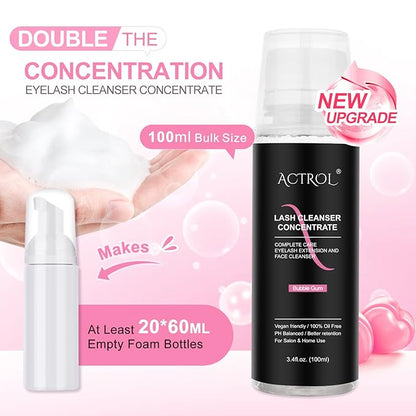 Eyelash Cleanser Concentrate 100ml Bubble Gum Professional Lash Shampoo Foaming Cleanser Lash Wash Concentrate for Extensions Lashes with Salon Home Care-Makes 40 Bottles