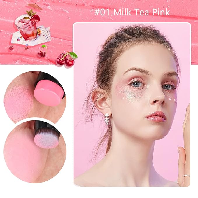 Cream Blush Stick for Cheeks - 2 in 1 Multi Makeup Blush with Brush for Cheeks Tint & Eyes & Lips, Waterproof Smooth Creme Texture, Long-lasting Wear All Day, #01 Cherry Pink