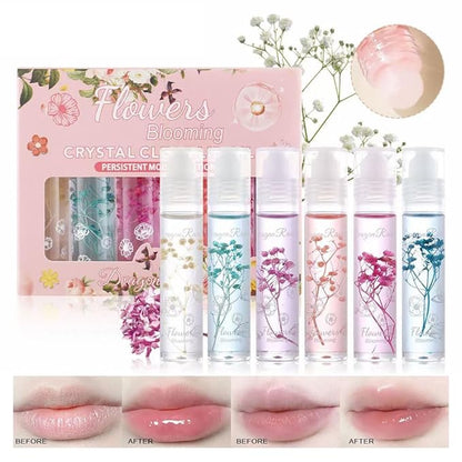 Petansy Flower Jelly Lip Oil Set 6 Packs Moisturizer Long Lasting Roll On Lip Gloss Set with Real Flowers Glossy Lip Make-up for Dry and Chapped Lips