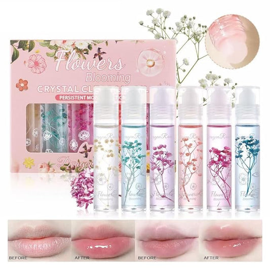 Petansy Flower Jelly Lip Oil Set 6 Packs Moisturizer Long Lasting Roll On Lip Gloss Set with Real Flowers Glossy Lip Make-up for Dry and Chapped Lips