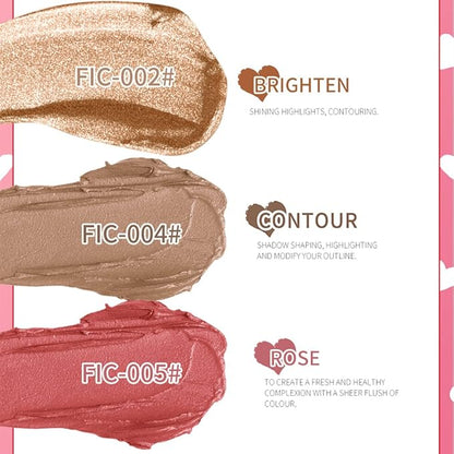Makeup Sticks Set, Matte Cream Blush Stick for Cheeks, Eyes and Lips, Contour Stick & Highlighter Makeup Sticks for All Skin (Blush, Highlighter & Contour)