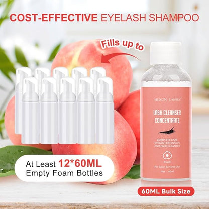 Eyelash Cleanser Concentrate 60ml Professional Lash Extensions Shampoo Natural Foaming Cleanser for Extensions Lashes with Salon Home Care-Makes 12 Bottles 60ml Eyelash Shampoo (Peach)
