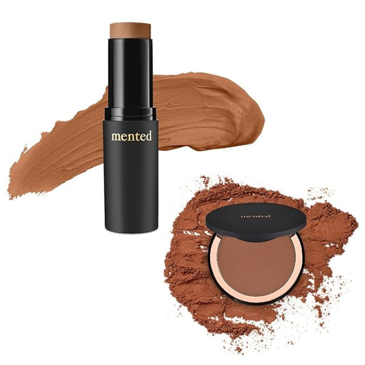 Mented Cosmetics Stick Foundation, Concealer & Contour Stick for Dark Skin, Cream Foundation for Black Women Makeup, Yatch Life + Highlighter Bronzing Powder Palette with Vitamin E + A, 0.35oz, T40