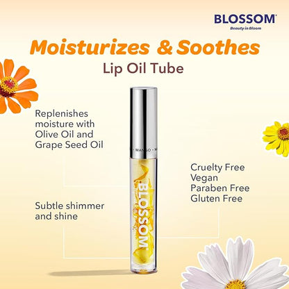 Blossom Lip Gloss & Lip Oil with Olive Oil + Grape Seed Oil, Moisturizing and Hydrating Shimmer Sparkle, Infused with Real Flowers, 3g, Mango