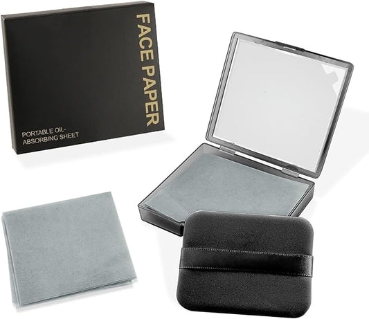 BOROLA 3-in-1 Oil Blotting Paper Set for Face 100 Sheets Oil Absorbing Sheets with Portable Mirror & Adhesive Makeup Puff, Blotting Papers for Oily Skin, Design for Men & Women(Black)