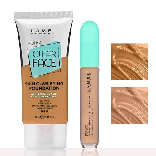 Clear Face Complexion Duo: Foundation 407 & Concealer 404 for Tan to Deep Skin Tones