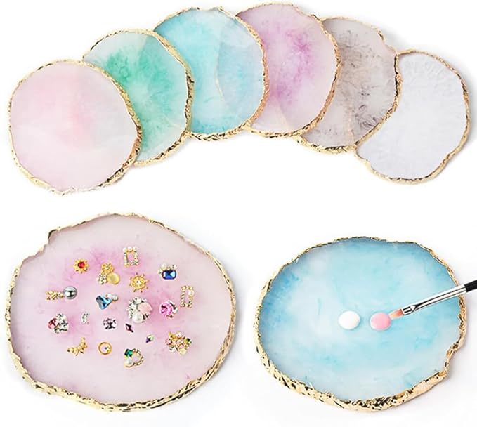 1PCS Resin Nail Art Palette Gold Edge Nail Art Painting Mixed Color Palette Manicure Color Makeup Display Board Manicure Cosmetic Mixing Tray Round Pink