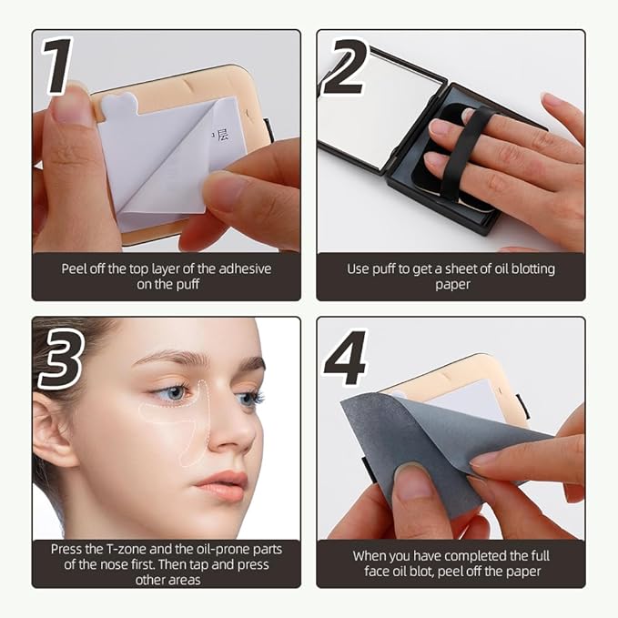 Oil Blotting Sheets - 300 PCS Face Oil Absorbing Sheets Natural Oil Control Film for Oily Skin with Mirror and Puff -Black