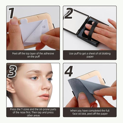 Oil Blotting Sheets - 300 PCS Face Oil Absorbing Sheets Natural Oil Control Film for Oily Skin with Mirror and Puff -Black