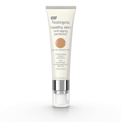 Neutrogena Healthy Skin Anti-Aging Perfector Tinted Facial Moisturizer and Retinol Treatment with Broad Spectrum SPF 20 Sunscreen with Titanium Dioxide, 50 Tan to Medium, 1 fl. oz