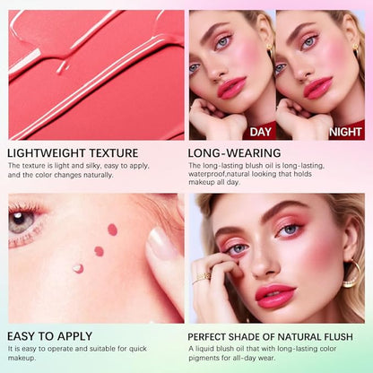 Green Color Changing Blush Oil, Liquid Blush Oil for Cheeks, Reacts To Skin’s Natural pH For Your Instant Perfect Shade, Dewy & Natural Flush Finish, Blendable Formula, For All Skin (#2 Pink)