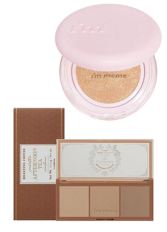 I'M MEME Wonder Velvet Cushion Foundation 02 Beige + Palette - Afternoon Tea Contour Roasting Coffee, 0.4 Oz Bundle