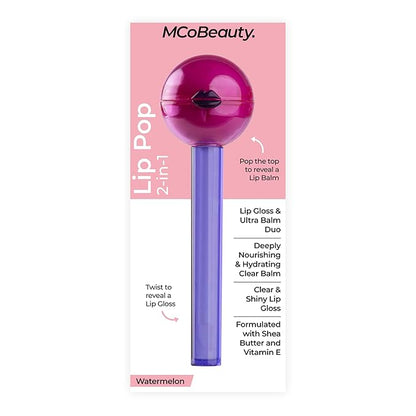 MCoBeauty Lip Pop 2-in-1 Lip Gloss & Ultra Balm - Watermelon, Nourishing Hydration Glass-Like Shine, Vegan, Cruelty Free Cosmetics
