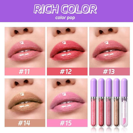 5Pcs Glitter Liquid Lip Gloss Set, Diamond Shimmer Lipstick, Waterproof Shimmer Lip Stain Lip Glaze, High Shine Long Lasting Shiny Lip Color Makeup (Set:Y-03)