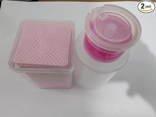 200 Pieces Nail Cotton Pads,1 Pull-Down Pump Dispenser Bottle, Super Absorbent Soft Non-Woven Eyelash Glue Wipes, Nail Polish dehumidifier for Eyelash Extension Products and Nail Oil Bottle (Pink)