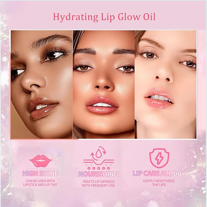 Lip Oil Pack- 5 Colors Tinted Lip Glow Oil Set Plumping Lip Oil Hydrating Transparent Moisturizing Lip Gloss Kit Gift for Girl Women Lip Makeup Care