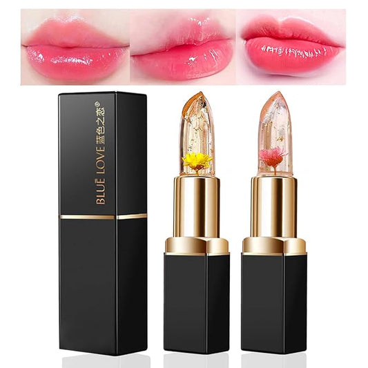BLUE LOVE 2PCS Color Changing Flower Lipstick - Hydrating Jelly Lip Balm with Flower, Long-Lasting Moisturizer & Nourishing Lip Gloss (Gold&Pink)