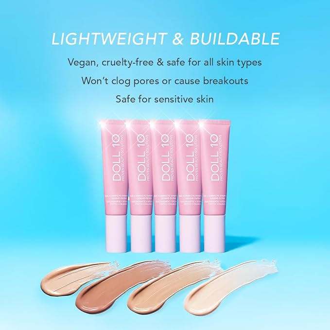 Doll 10 TCE Liquid Filter – CC Cream Foundation - Liquid Foundation - Lightweight Tinted Moisturizer & Skin Tint - Blurs Pores & Fine Lines - Vegan - Clean Makeup - [Light/Medium] - 30 Day Supply