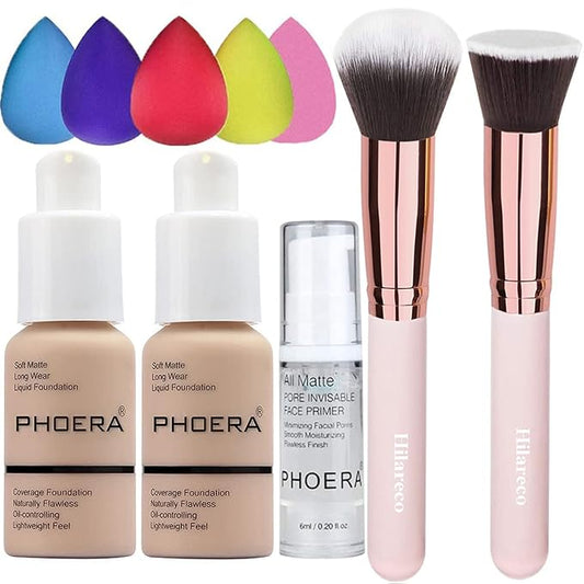 PHOERA 2 Pack Nude 102 Foundation & Primer Set, Full Coverage, Matte Finish, 24 HR Oil Control Concealer, Foundation Brush, Powder Brush, 5 Makeup Sponge