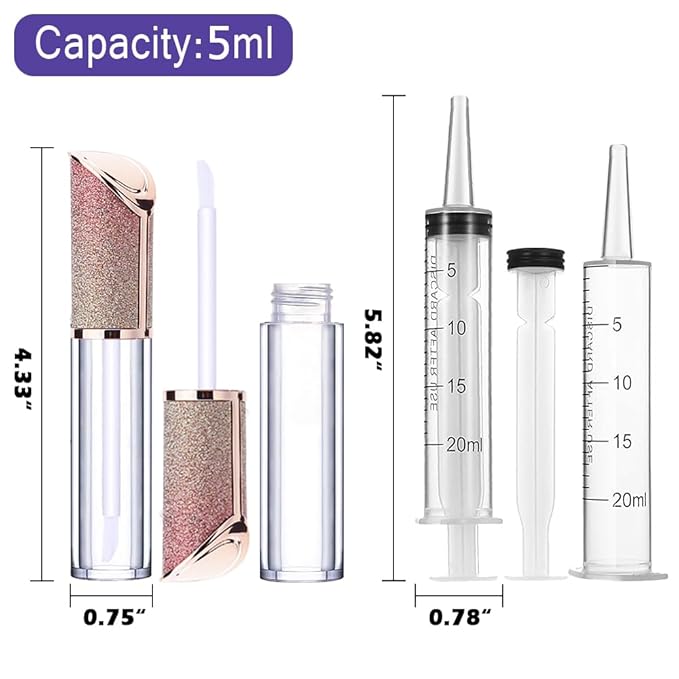 AMORIX 50 Pack Lip Gloss Tubes with Wand 5ml Lip Gloss Containers Lip Gloss Supplies Kit with 3pcs Syringes for DIY Lip Gloss Base, Oblique Cap