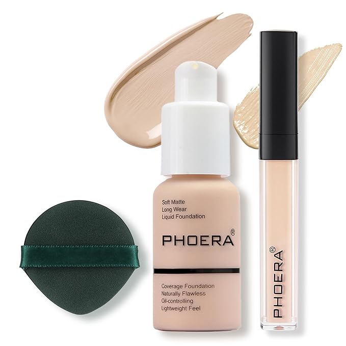 2PC Foundation Makeup&Liquid Concealer,Naturally Liquid Foundation,Full Coverage Mattle Oil-Control Concealer,Multi-Use Makeup Concealer for Acne,Dark Circles(A101+101, 30ml+3ml)