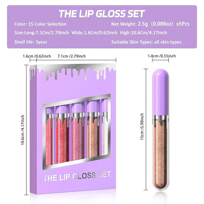 5Pcs Glitter Liquid Lip Gloss Set, Diamond Shimmer Lipstick, Waterproof Shimmer Lip Stain Lip Glaze, High Shine Long Lasting Shiny Lip Color Makeup (Set:Y-03)