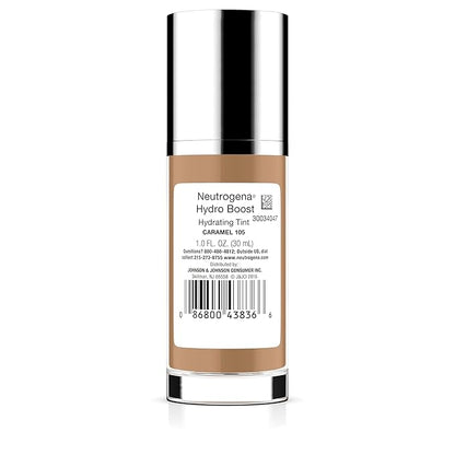 Neutrogena Hydro Boost Hydrating Tint with Hyaluronic Acid, Lightweight Water Gel Formula, Moisturizing, Oil-Free & Non-Comedogenic Liquid Foundation Makeup, 105 Caramel Color 1.0 fl. oz