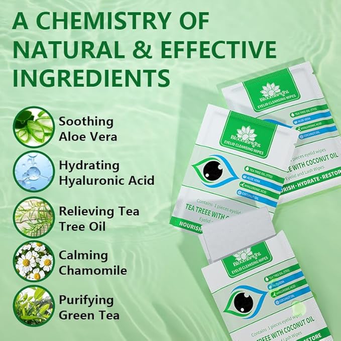 60 Pcs Tea Tree Oil Eyelid Cleansing Lash Wipes with Coconut Hyaluronic Acid Green Tea Chamomile Aloe Vera Itchy Stye Eyes Relief Natural Individually Wrapped Makeup Remover Daily Cleanser
