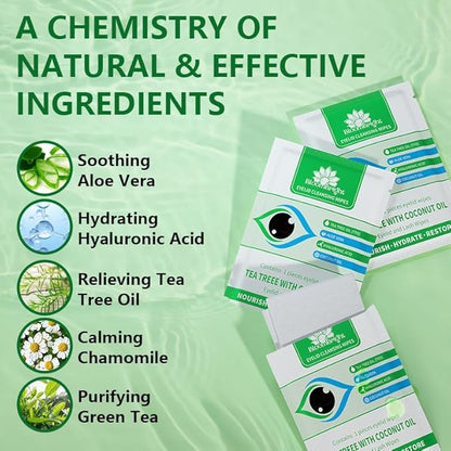 60 Pcs Tea Tree Oil Eyelid Cleansing Lash Wipes with Coconut Hyaluronic Acid Green Tea Chamomile Aloe Vera Itchy Stye Eyes Relief Natural Individually Wrapped Makeup Remover Daily Cleanser