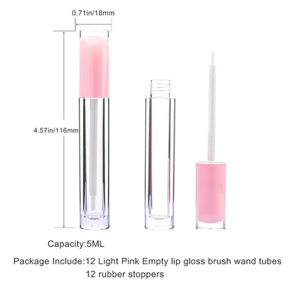 Lip Gloss Brush Wand Tubes Empty, 12 Pack 5ml Containers with Wand, 12 Light Pink Tubes with Rubber Stoppers for DIY Balm (Light Pink)