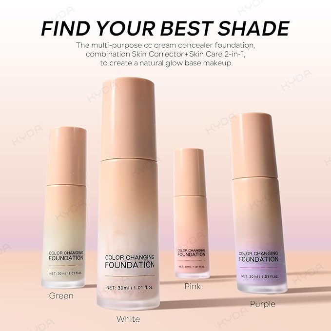 KYDA Green Color Changing Foundation, Color Correcting CC Cream with Centella, Even Red Skin Tone, Lightweight Non-Greasy, Hydrating, Sheer Coverage, Multiuse Face Concealer with Natural Finish