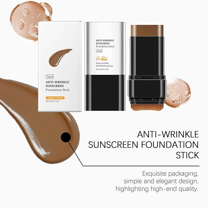 3 In 1 Anti-Wrinkle Foundation Stick with SPF 50+, PA++++, Korean Hydrating Lightweight Flawless Eraser Foundation Stick with Brush, Full Coverage Thin and Natural Finish(Wheat)