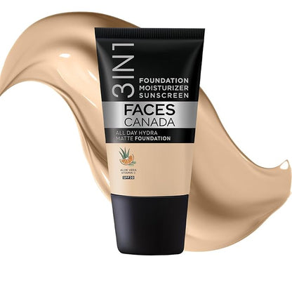 Faces Canada 3-in-1 Matte Foundation with SPF 30 | Lightweight Hydrating Formula with Aloe Vera & Vitamin C | Long-Lasting Medium Coverage Makeup & Sun Protection | 0.51 Fl Oz (15ml)