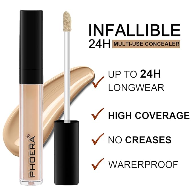 PHOERA Concealer, Lightweight, Full Coverage, Long Lasting, Corrects, Hydrates, Highlights, Matte Finish, All-Day Wear,with Concealer Brush (105#BISCUIT)