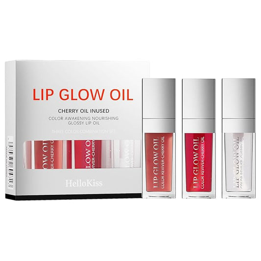 3Pcs Hydrating Lip Glow Oil - Moisturizing Tinted Lip Gloss Plumping Nourishing Shiny Long-Lasting Lip Stain with Cherry Seed Oil 0.27 fl.oz (Set C)