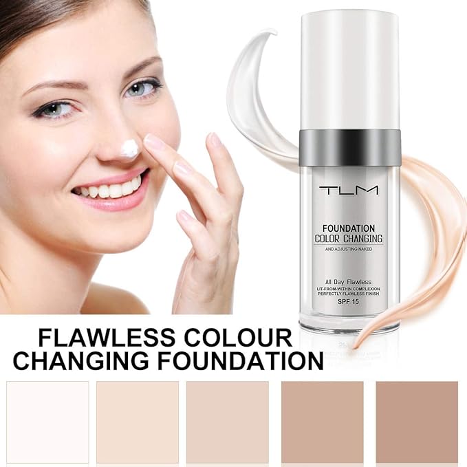 2PCS TLM Flawless Colour Changing Warm Skin Tone Foundation, Naturally Blends Moisturizing foundation makeup, Long Lasting Waterproof Lightweight Liquid Foundation SPF 15 for Face Makeup