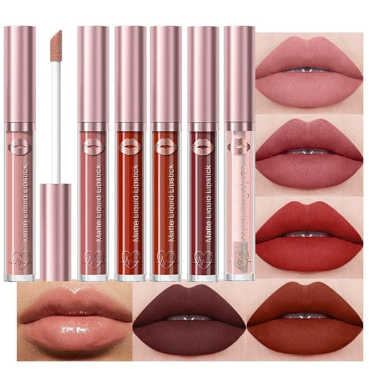 5Pcs Matte Velvet Liquid Lip Gloss Set, Liquid Lip Sticks + 1Pcs Lip Oil Set, Red Lipstick Collection, Rich Colors Long-Lasting Wear Not Fade Waterproof Lip Stain for All Skin Types (set4
