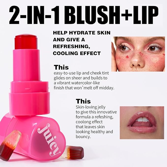 5 Colors Hydrating Lip & Cheek Tint, Long-Lasting Jelly Blush Stick with Cooling Effect, Watercolor-Like Finish (# 04)