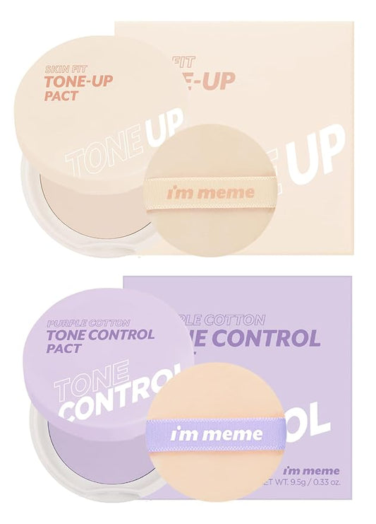 I'M MEME Fair-Light Setting Powder - Tone Up Pact with Puff, 0.35 Oz + Compact - Purple Cotton Tone Control Pact, 0.35 Oz Bundle