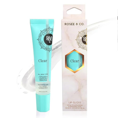 ROSÉE & CO Rosee Lip Gloss Vegan & Cruelty Free Treatment, Professional Make up, Long Lasting Glossy with Shea Butter, Moisturize, Protect & Smooth, High Shine, Non-Sticky - Clear, 05 Fl oz
