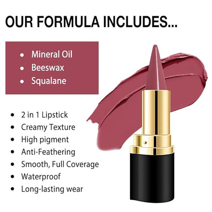 Kaely Mauve Red Gradient Matte Lipstick Lip Liner Pencil for Women, 2in1 Flawless Contour Gradual Ombre Effect Lip Pencil Makeup Waterproof, labiales mate 24 horas originales, 10