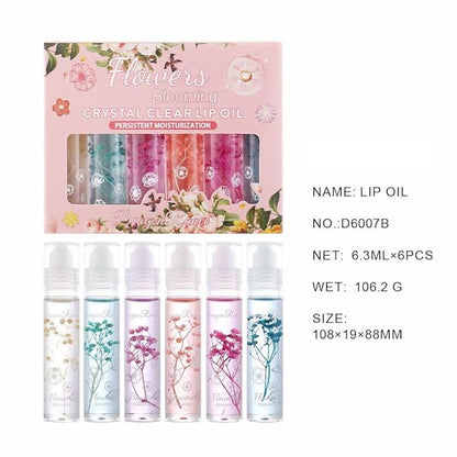 Petansy Flower Jelly Lip Oil Set 6 Packs Moisturizer Long Lasting Roll On Lip Gloss Set with Real Flowers Glossy Lip Make-up for Dry and Chapped Lips