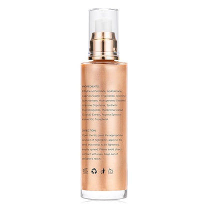 Body Shimmer Oil, Rose Gold Face Brighten Glow Body Luminizer Highlighter Liquid Illuminator with Makeup Brush, Long Lasting Moisturizing Glitter Oil for Makeup (3.38 Fl Oz/#05)
