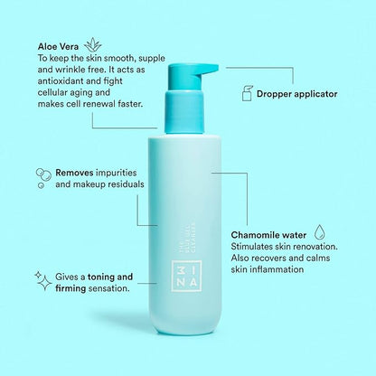 3ina MAKEUP - Vegan - Cruelty Free - The Blue Gel Cleanser - Blue - Makeup remover - Refreshing micellar formula - Aloe & Hamamelis - Smooths, calms, refresh and purifies skin